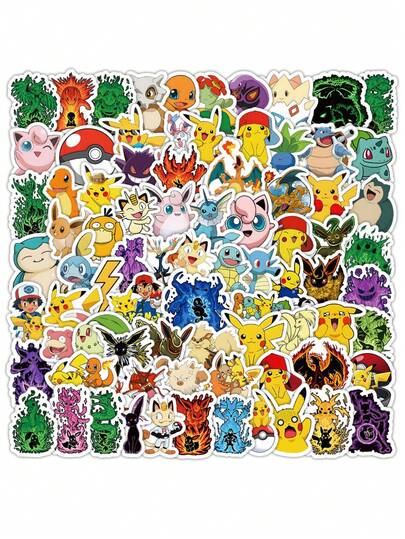 pokemon 100张宝可梦系列涂鸦贴纸，创意动漫贴纸，可用于水瓶、笔记本电脑等，防水装饰贴纸