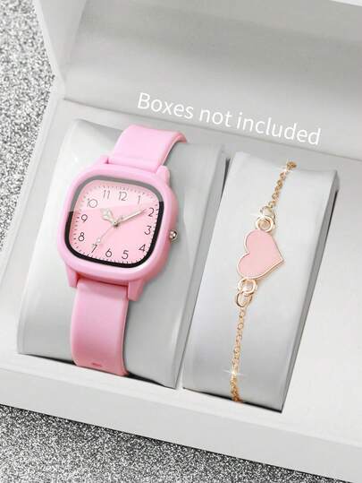 两件套女士优雅简约方形数字石英表套装，搭配浪漫心形手链，适合作为女士生日/节日礼物、返校/毕业季礼物、派对/度假装饰、家庭聚会、日常佩戴、朋友礼物、母亲节礼物，也是理想的毕业礼物。