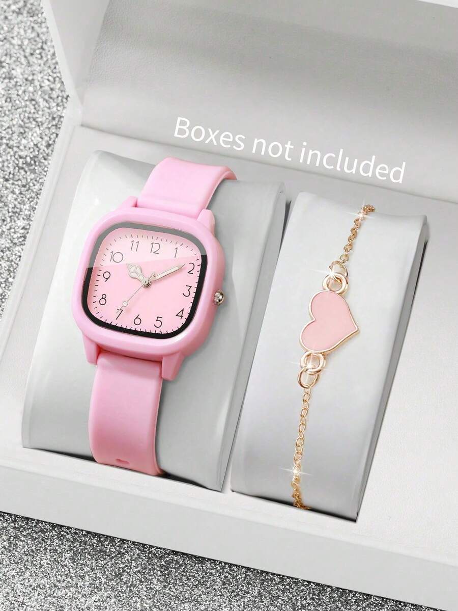 2 piezas Conjunto de relojes de cuarzo cuadrados minimalistas elegantes con pulsera con forma de corazón romántica, adecuado para regalos de cumpleaños/fiestas de mujeres, de vuelta a la escuela/temporada de graduación, decoración de fiestas/vacaciones, celebraciones familiares, uso diario, regalos para amigos, regalos del Día de la Madre, regalo ideal de graduación - Multicolor - Ver 1