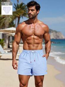 ZELFYO Men's Striped Print Drawstring Waist Pocket Beach Shorts Men Swim Trunks Men Beachwear Beige Swim Trunks Striped Swim Trunks Bathing Suit Men Beach Clothes For Men Cream Swim Trunks Beach Trunks Men S Swim Trunk Men Shorts Vacation - 淺藍色 - 查看 4