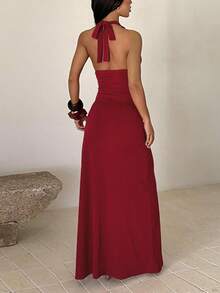 Vestido de verano para mujer Onicee, color vino tinto, cintura ceñida, cuello halter, abertura alta, vestido de fiesta, vestido elegante, adecuado para carnaval, citas, reuniones, fiestas, viajes, vacaciones, playa y otras ocasiones - Burdeos - Ver 7