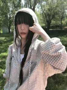 2026夏季格子连帽休闲衬衫，韩版宽松设计短款小号衬衫外套，适合娇小女性 - 彩色 - 查看 5