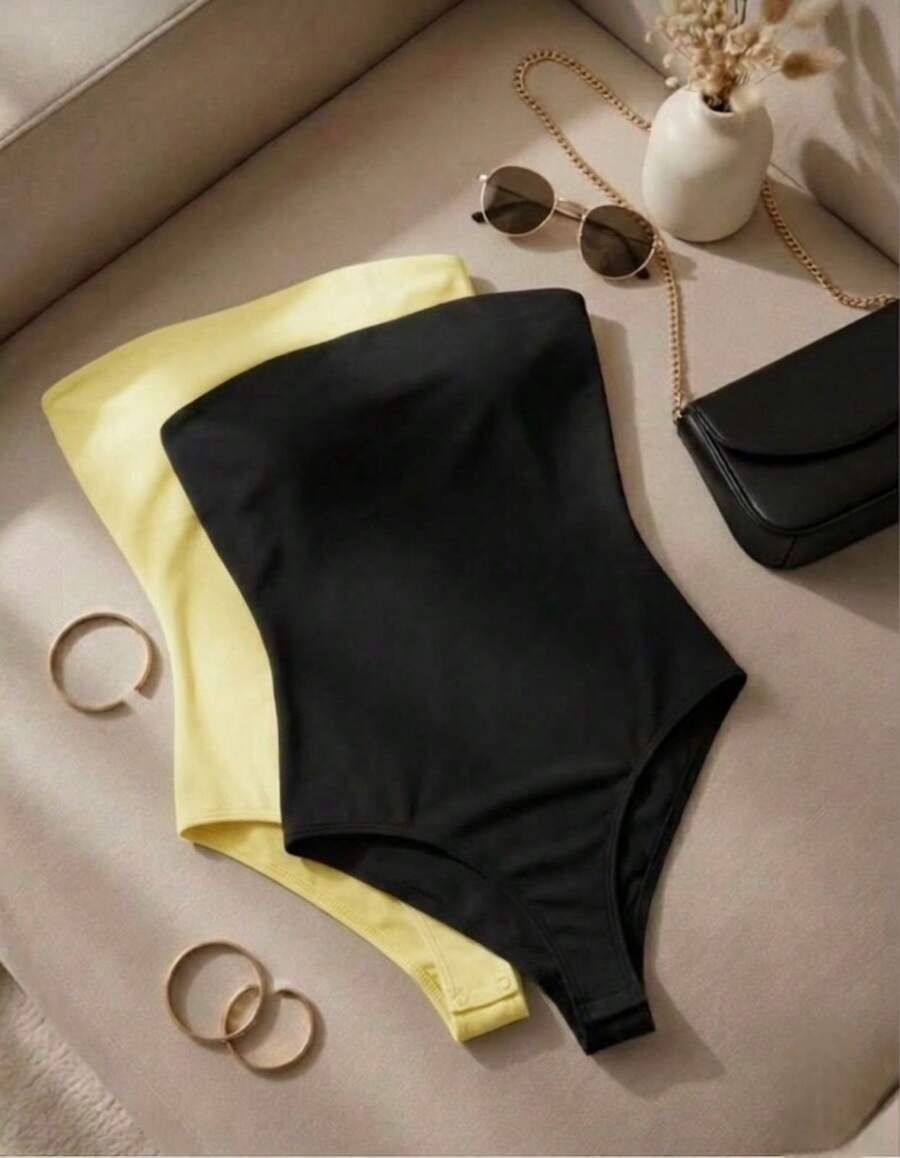 Set Of 2 Strapless Sleeveless Basic Casual Versatile Bodysuits In Spandex Fabric With Padded Cups For Everyday Use - Đen và vàng - Xem 1