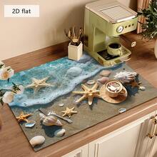 1pc Absorbent Dish Drying Mat, Coffee Machine Pad, Ocean Seashell & Starfish Pattern, Suitable For Dining Table And Cafe, Multi-Purpose Drainage Mat, Household Gift, Desktop Decor - XYLSD-92 - View 4