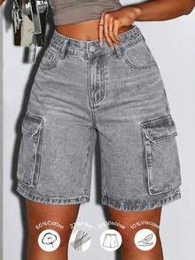 Short en jean cargo vintage streetwear pour femmes, coupe droite, sans stretch, short en jean d'été pour tenue quotidienne, tenue de vacances décontractée pour femmes - Gris pâle - Voir 8
