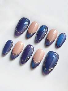 10片装女士及女孩手工杏仁形亚克力按压式假指甲 - 可爱猫眼造型，饰以金色线条，Y2K INS风，包含全套美甲工具，完美适用于派对、舞会、节日庆典、日常造型及特殊场合，是时尚可爱女性及少女的理想礼物。 - 彩色 - 查看 5