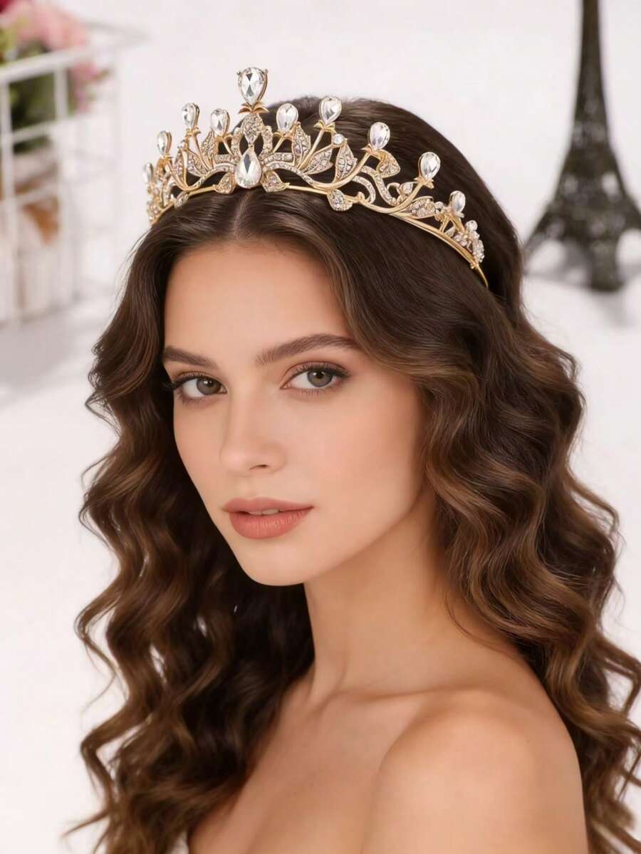 1 chiếc vương miện pha lê phong cách Baroque tối giản hiện đại, phụ kiện váy cưới cô dâu. - Vàng - Xem 1