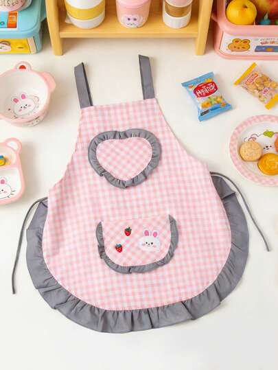1件粉白格子围裙，灰色蕾丝花边，儿童无袖围裙，带兔子草莓口袋，公主风可调节肩带，烹饪清洁防护罩，摄影道具，防水防污厨房烘焙绘画艺术用餐罩衫，厨房必备