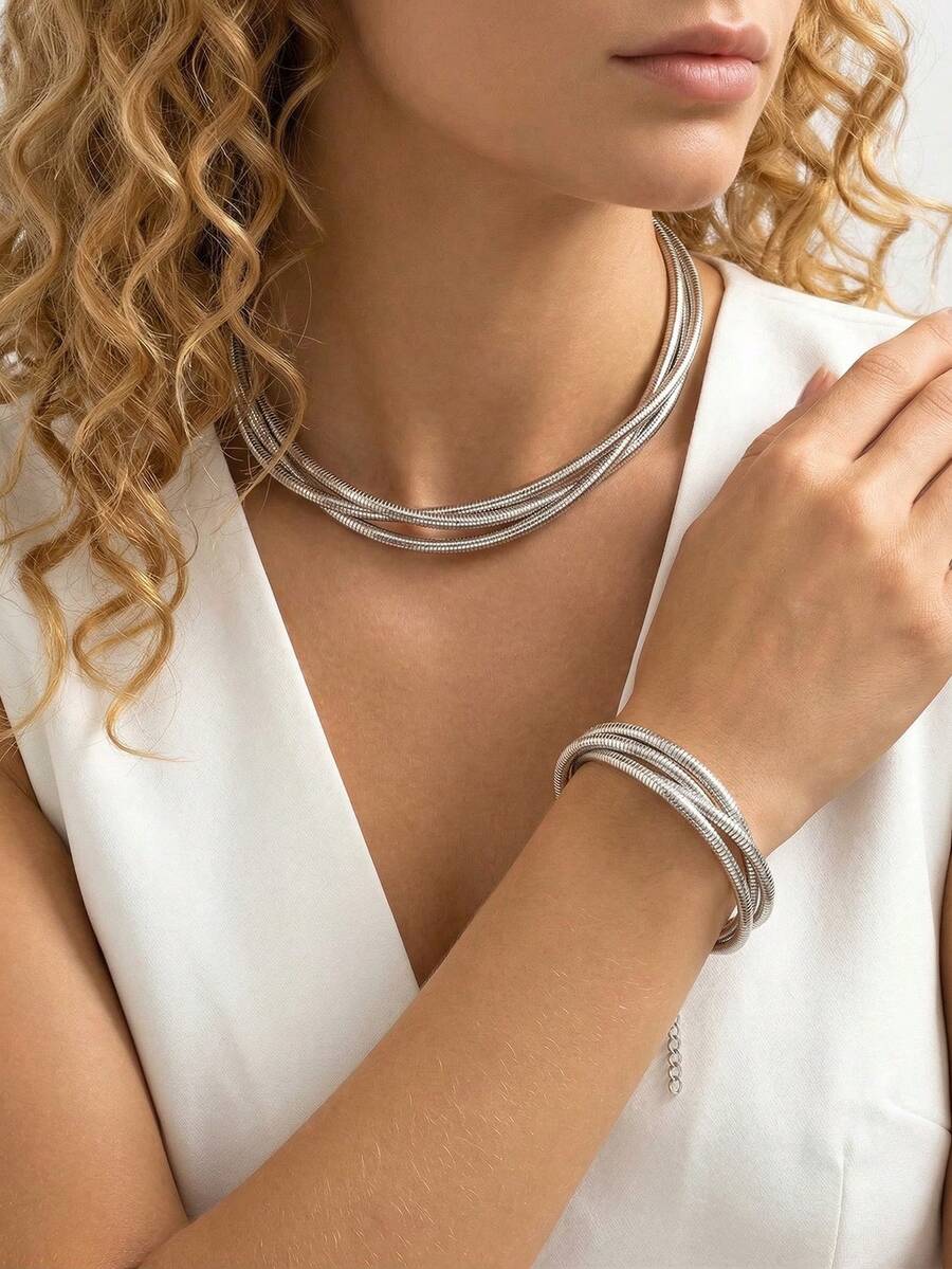 Bộ 2 món trang sức bản to, dây chuyền và vòng tay kiểu xương rắn tối giản thời trang, trang sức phong cách punk sang trọng, thanh lịch dành cho nữ, phù hợp để đeo hàng ngày và dự tiệc. - Nhiều màu - Xem 1