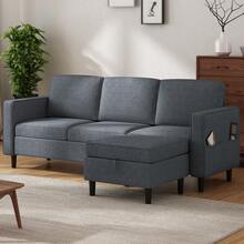 Modern Linen L-Shaped Sectional Sofa 3-Seater With Storage Footstool For Living Room - Dark Grey - View 8