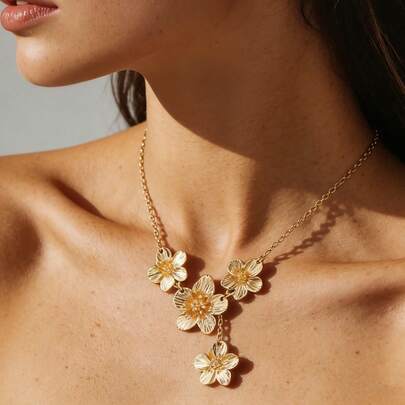 1pc Luxury Retro 3D Petal Tassel Necklace, 5-Petal Flower Pendant Necklace, Suitable For Travel/Music Festival Wear, Versatile Matching