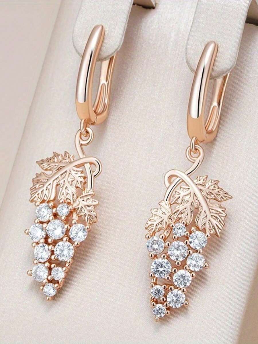 1 Đôi bông tai mặt dây chuyền hình lá nho sang trọng tinh tế, đính đá Cubic Zirconia tổng hợp sáng bóng, phụ kiện thanh lịch dành cho phái nữ trong các dịp lễ hội, đám cưới hoặc tiệc tùng, cũng là món quà sinh nhật hoàn hảo. - Hoa hồng vàng - Xem 1