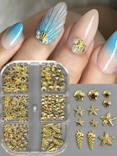 12格贝壳海星金色金属美甲饰品，混合尺寸美甲配件，铆钉工艺品，夏季假日DIY美甲用品