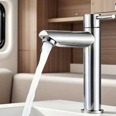 A Modern Style Single-Handle Bathroom Faucet Made Of Stainless Steel, Featuring Hot And Cold Water Mixing, A Classic Design, Single-Hole Installation, Suitable For Hotel Bathroom Sinks And Vanity Basins
