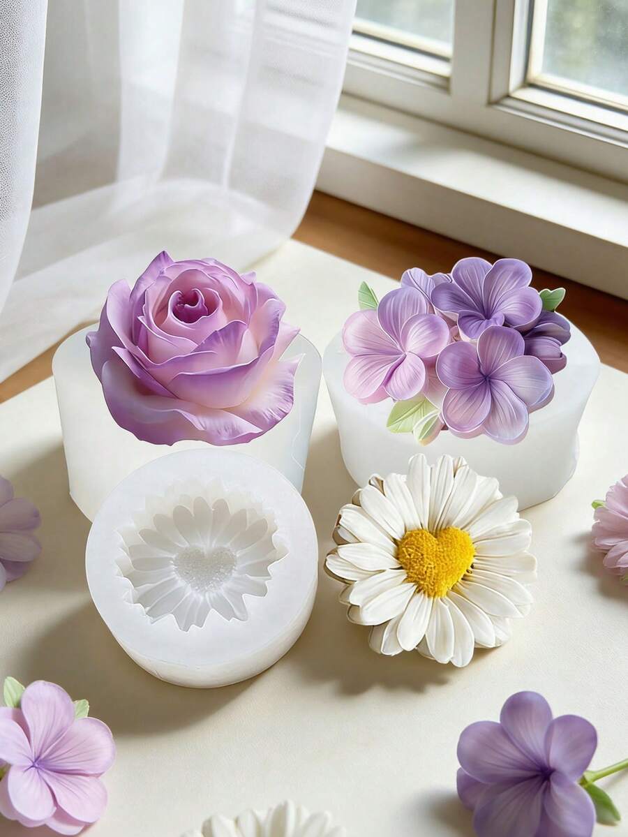 1/2Pcs 3D Floral Silicone Candle Mold - Epoxy Resin Rose & Heart Shaped Daisy Plumeria Flower Moulds-Handmade DIY Soap/Aroma Gypsum Diffuser Stone/Clay/Plaster,Gift For Wedding Graduation Birthday/Festival/Mother's Day/Valentine's Home Decor - White - View 1
