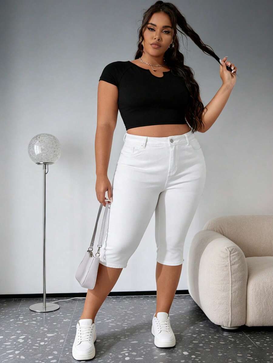 Women's High Waist White Denim Capri Pants | Stretchy Knee-Length Slim Fit Jeans | Casual Summer Bottoms With Button Hem Design