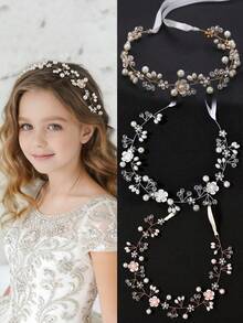 1pc Elegant & Sweet Floral Faux Pearl Beaded Rhinestone Headband, Suitable For Festivals, Weddings, School Performances, Outings, Birthday Parties, Dances, And Daily Wear, Versatile Fashion Accessory For Girls - Multicolor - View 2