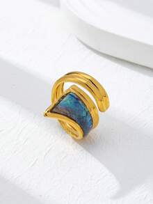 1 Pc 18K Gold Plated Asymmetrical Statement Ring For Women - Stackable Chunky Rings Set - Mother Of Pearl Jewelry For Daily And Party Wear - Multicolor - View 14