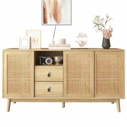 Sideboard With 3 Sliding Doors Made Of Genuine Rattan And 2 Drawers, 155x38x80 Cm, Breathable, Stable And Versatile.