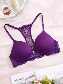 [Small Bust] 1pc Front Closure Design Beautiful Back Lace Patchwork Floral Print Women's Bra, Sexy Underwire Lingerie For Outerwear - Purple - View 6