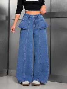 Quần ống đứng denim bohemian ARWY thanh lịch, giản dị, có túi khóa kéo, cúc, viền xếp ly/viền bèo, đa năng cho trang phục dạo phố, đi nghỉ, hẹn hò, mặc hàng ngày, mọi mùa - Rửa trung bình - Xem 2