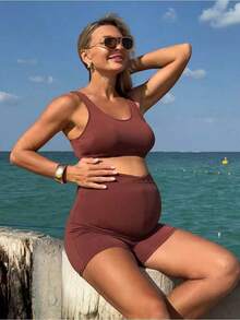 Bộ bikini màu trơn dành cho bà bầu, thích hợp cho kỳ nghỉ biển. - màu nâu - Xem 1