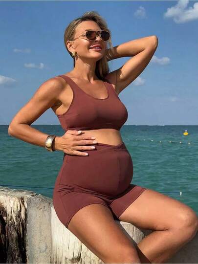 Maternity Solid Color Bikini Set For Beach Vacation
