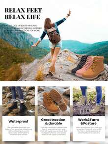 Athlefit Women's Work Waterproof Hiking Combat Boots Lace Up Low Heel Booties Ankle Boots - 黑色 - 查看 7