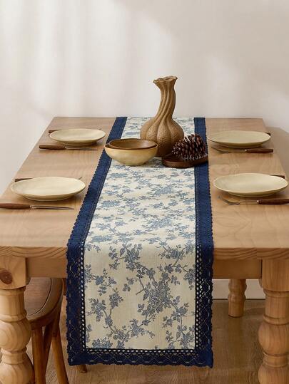 منشفة طاولة مطبوعة فاخرة وعتيقة بطراز فرنسي، مفرش طاولة مستطيل بحافة دانتيل أزرق داكن، قماش تغطية متعدد الأغراض للاستخدام اليومي وحفلات عيد الميلاد وديكور الطاولة وديكور الخريف والغرفة