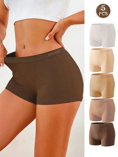 5pcs/Pack Women's Seamless Mid-Waist Macaroon Color Briefs, Comfortable & Soft, Suitable For Sports & Leisure
