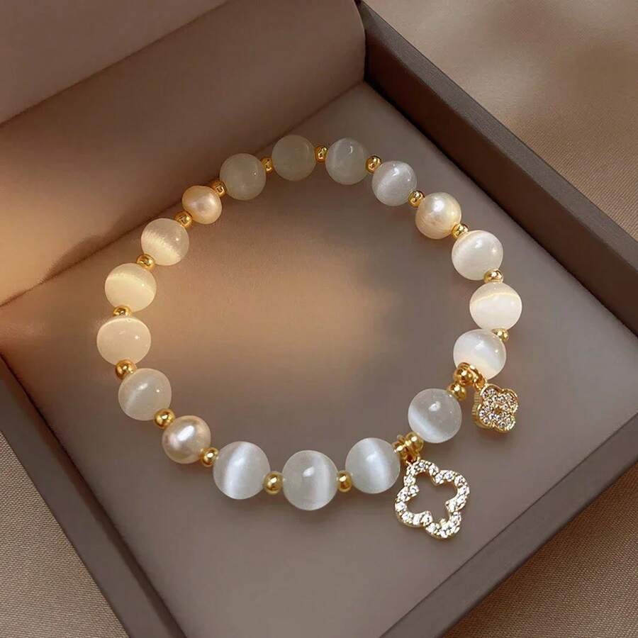 Kirykle Natural Crystal Bracelet For Women White Opal Stone Pearl Fashion Lucky Four-Leaf Clover Women's Jewelry Bangles Gift - KRB6541-4 - 查看 1