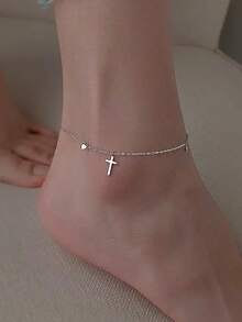 GAGAFEEL 1. Dây đeo mắt cá chân hình chữ thập trơn đơn giản và thoải mái bằng bạc sterling S925, hình trái tim và ngôi sao, đa năng cho nữ giới, phù hợp cho kỳ nghỉ hè, đi biển, đeo hàng ngày và làm quà tặng. - Bạc - Xem 5