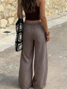 Quần dài nữ mùa hè Sunny Girly phong cách Y2K dáng rộng kẻ sọc ống đứng cạp chun, màu nâu, thích hợp mặc đi phố, đi làm, đi nghỉ mát và mặc ở nhà. - màu nâu - Xem 7