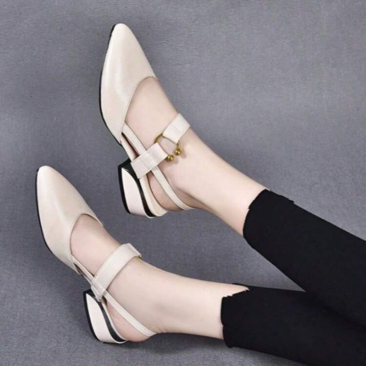 Zapatos de mujer de verano: Sandalias de tacón ancho con punta cuadrada y diseño de pezuña, elegantes y cómodas, Zapatos de tacón de mujer - Beis - Añade 3
