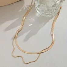1件简约时尚休闲百搭男女通用双层蛇骨链，优雅订婚/结婚扁平蛇骨项链 - 金色 - 查看 2
