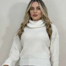 Blusa de Tricot Gola Boba Lançamento Feminino Inverno Manga Longa Elegante de Frio Gola Alta Trico - Branco - Visão 7
