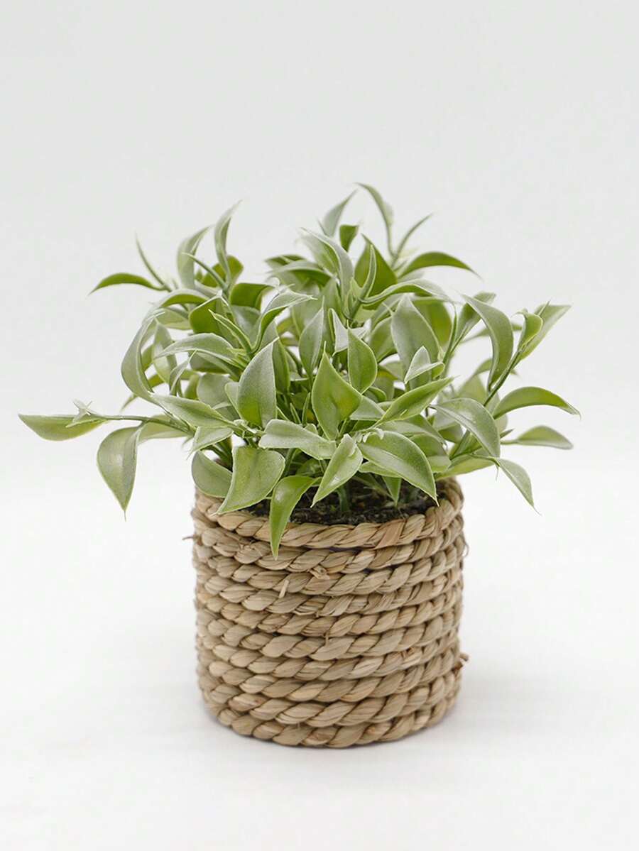 1pc Artificial Woven Planter With 6 Different Plants Such As Eucalyptus, Snake Plant, Rosemary, Handmade With Seagrass Rope, Green PE Material, Polyester Fiber, Suitable For Wedding, Holiday Decor, Office, Kitchen, Home Decor - Green-i - View 1