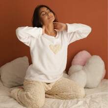 Women's Warm Winter Fleece Pajamas With Premium Embroidery S2 Beige Embroidery - Màu Khỏa thân - Xem 4