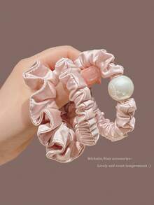 3 chiếc dây buộc tóc bằng satin đính ngọc trai giả, kiểu dáng thanh lịch, không gây hư tổn tóc. - Nhiều màu - Xem 2