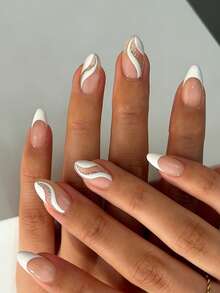 24片夏季杏仁优雅银粉白条纹亮面美甲贴片，时尚百搭，适合约会、派对、春夏场合，也适合秋冬日常佩戴。可卸式按压美甲套装，含果冻胶和指甲锉，果冻胶颜色随机发货。 - 白色 - 查看 1