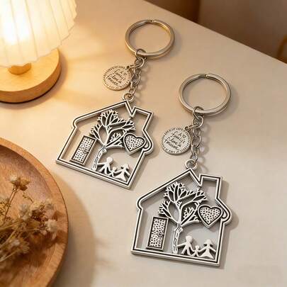 2 piezas Llavero de aleación de zinc con diseño de árbol genealógico familiar, Accesorio conmemorativo con placa redonda grabada en forma de corazón hueco de familia amorosa, Regalo para inauguración de casa, Día de la Madre