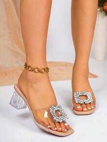 2026 New Summer Women's Thick Heel Strap Sandals, Open Toe Crystal Transparent Rhinestone Square Buckle Fashion Versatile High Heel Sandals - Apricot - View 2