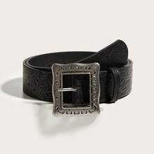 1pc Women's Retro Silver Square Buckle Printed Black Waist Belt, Suitable For Dresses And Coats - Black - View 6