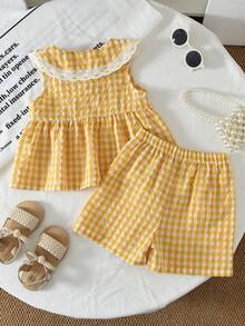 bearleader 2pcs/Set Girls' Cute Plaid Print Woven Fabric Lace Trim Camisole And Shorts Set, Summer Outfit - Yellow - View 2