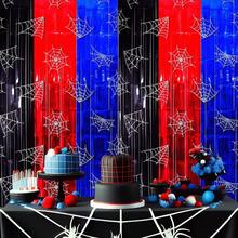 蜘蛛网生日装饰、雨帘、蜘蛛主题派对用品、金属箔、红、黑、蓝三色流苏帘 - 多色的 - 查看 3