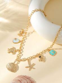 波西米亚风贝壳和海洋动物吊坠项链 - 手工制作的夏季海滩饰品 - 金色叠戴精致链条，适合海滨度假 - 彩色 - 查看 5