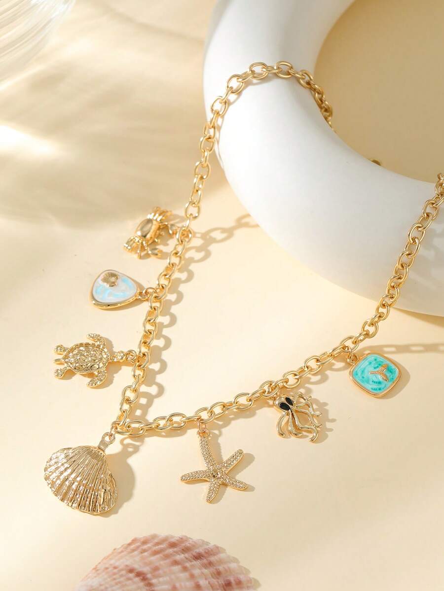 Bohemian Style Ocean Shell & Sea Creature Pendant Necklace - Handmade Summer Beach Jewelry - Delicate Multi-Layer Gold Chain Suitable For Beach Vacation - Multicolor - View 1