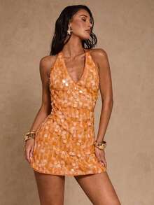 Glamine Women's Orange Sequins Halter Deep V Neck Sleeveless Mini Dress Women's Short Dress, Vibrant Orange Sequin Embellished, Elegant For Party, Date, Holiday, New Year Orange Dress Orange Vacation Dress Summer Dress For Women Sexy Sun Dress Orange Floral Dress Sequin Dress Halter Neck Dress Orange Mini Dress Orange Sequin Dress - 橘色 - 查看 9
