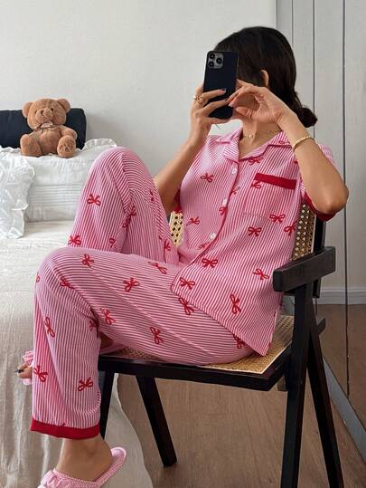 Dreamivo 2pcs Women Striped Butterfly Print Pajama Set, Short Sleeve Cardigan And Elastic Waist Pants, Comfortable Sleepwear And Loungewear For All Seasons, Soft Fabric, Button Design, Elastic Waist