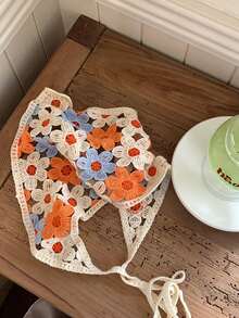 夏季海滩防晒头巾，女士波西米亚风度假装扮，手工针织三角围巾，发带，花卉头巾，复古法式针织头巾，可爱花卉三角围巾发带，适合夏季度假、拍照，甜美防晒夏季发饰，海滩度假发带 - 彩色 - 查看 6